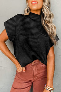 Patch Pocket Ribbed Knit Short Sleeve Sweater - Regular and Plus