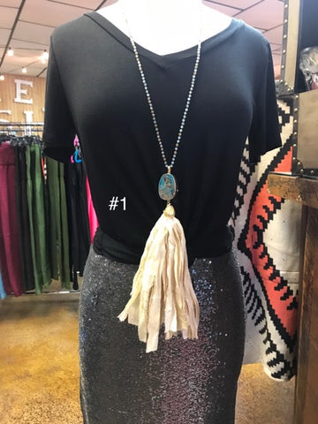 Long Beaded Accent Stone Tassel Necklace