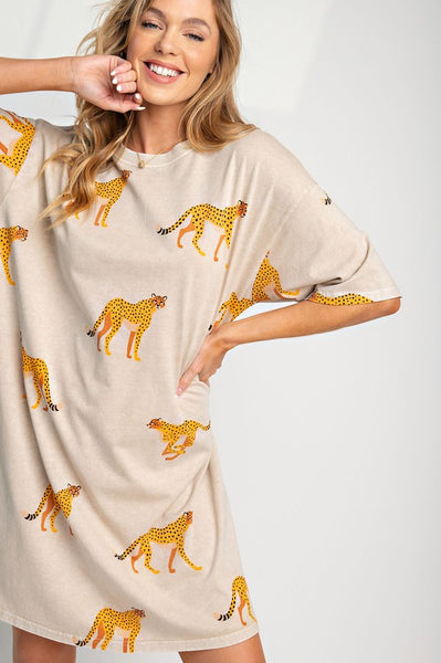 Mineral Wash Cheetah Print T-Shirt Dress - Regular