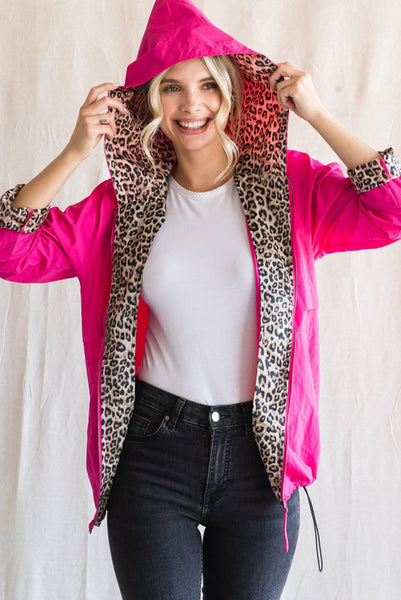 (Black & Hot Pink!) Leopard Lined Hooded Full Zip Windbreaker - Regular and Plus
