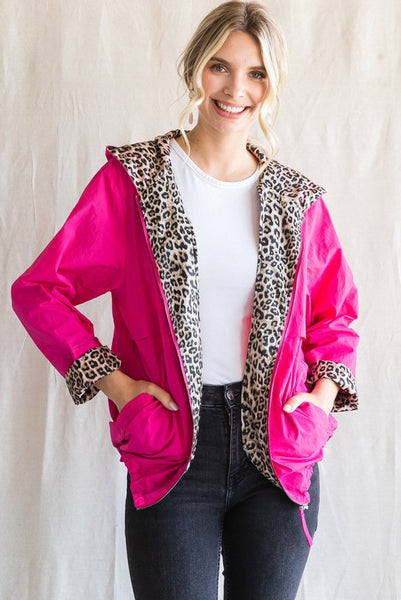 (Black & Hot Pink!) Leopard Lined Hooded Full Zip Windbreaker - Regular and Plus