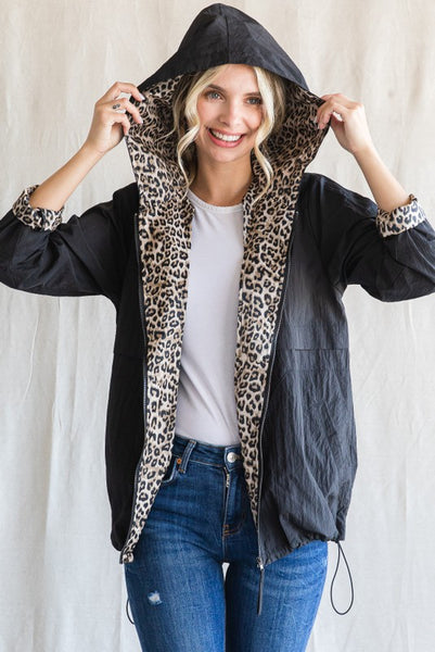 (Black & Hot Pink!) Leopard Lined Hooded Full Zip Windbreaker - Regular and Plus