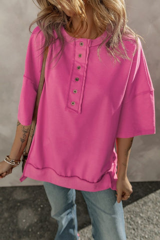 Exposed Seam Button Detail Wide Sleeve Tunic Top - Regular and Plus