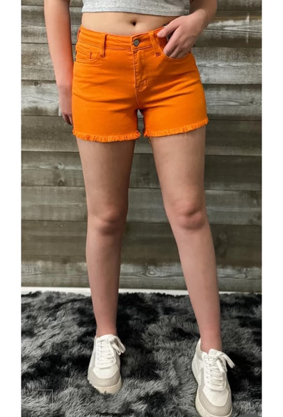 Judy Blue Orange Frayed Hem Jean Shorts - Regular