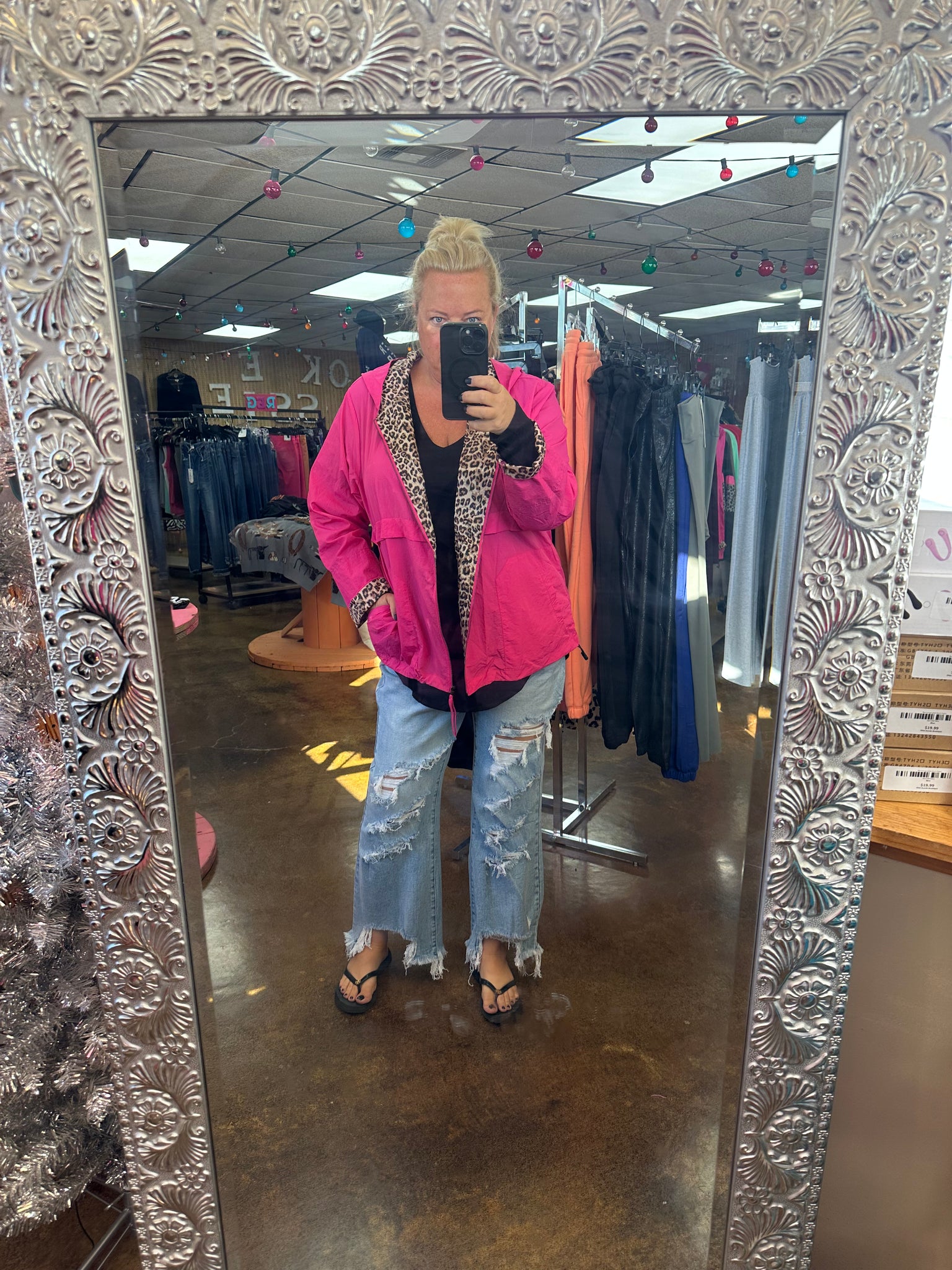 (Black & Hot Pink!) Leopard Lined Hooded Full Zip Windbreaker - Regular and Plus