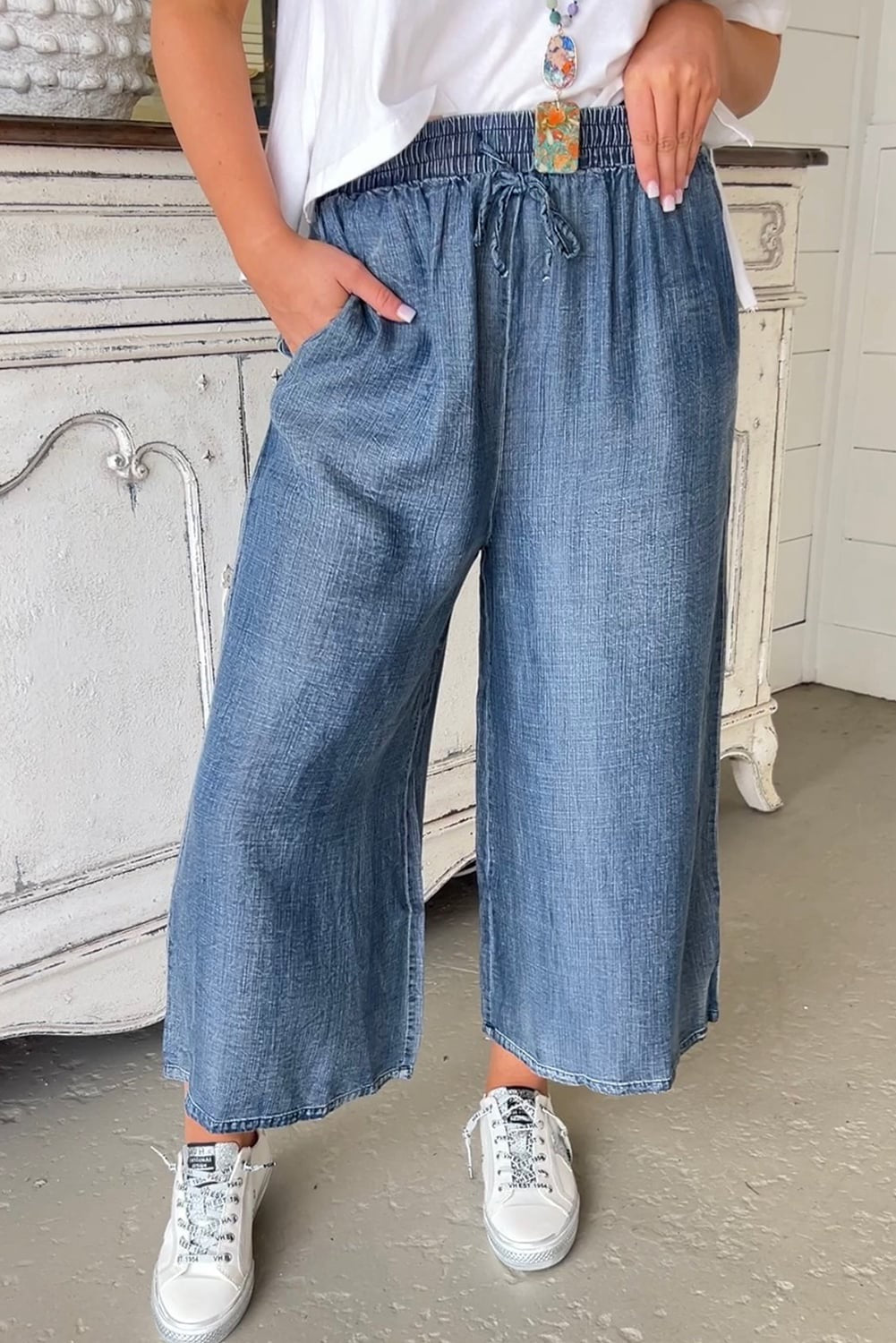 Drawstring Waist Wide Leg Crops - 1X ONLY