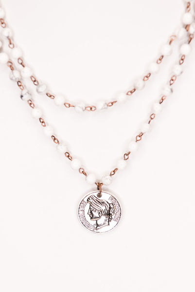 Double Strand Coin Pendant Stone Necklace