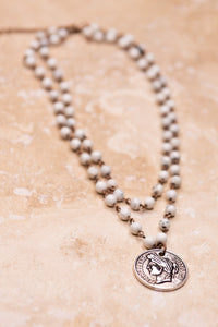 Double Strand Coin Pendant Stone Necklace