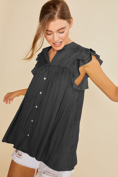 Ruffle Sleeve Flowy Button Down Top - Regular